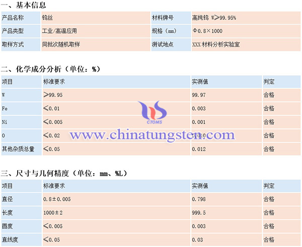 中钨智造钨丝质检表（示例）图片